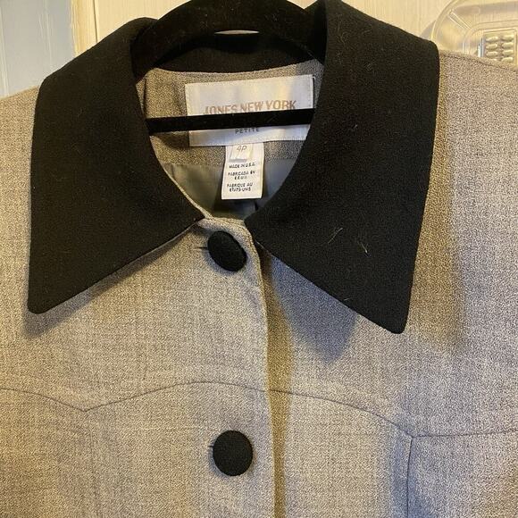 Jones New York Suit Women 4P Jacket Skirt Set Wool Mini USA Academia Career Grey - Picture 10 of 16